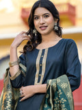 Vishudh Green Round Neck Embellished Straight Kurta & Palazzos With Dupatta