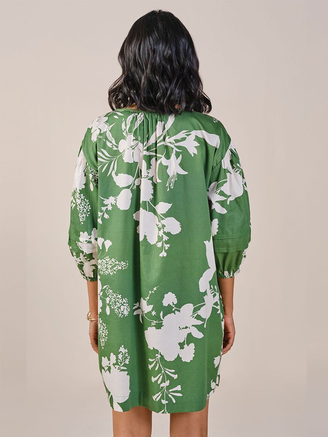 AND Floral Print Puff Sleeve Pure Cotton A-Line Dress