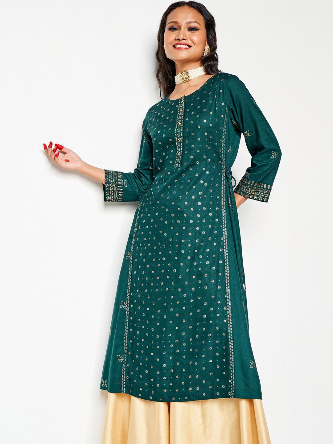 Global Desi Round Neck Long Sleeves Ethnic Rayon A Line Kurta