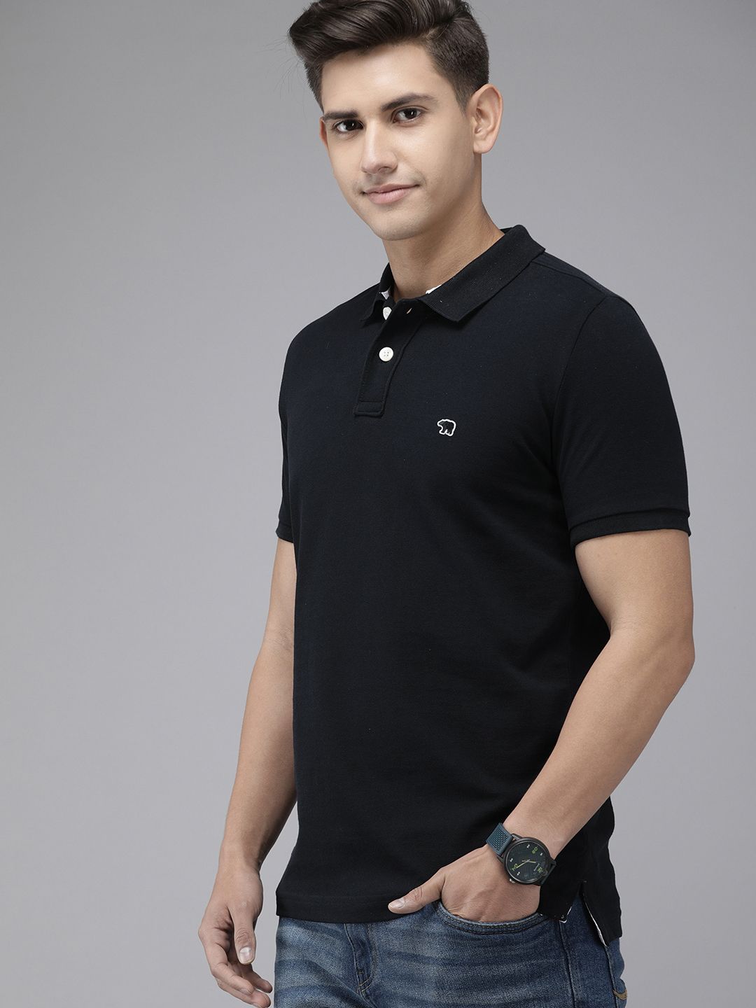 THE BEAR HOUSE Men Black Polo Collar Slim Fit T-shirt