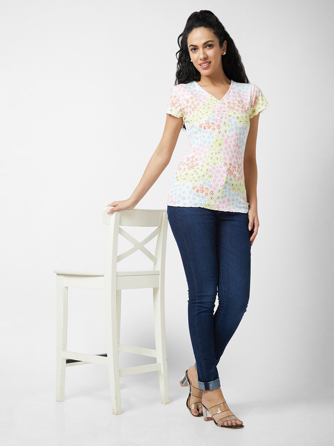 SPYKAR Floral Printed V-Neck Slim Fit Top