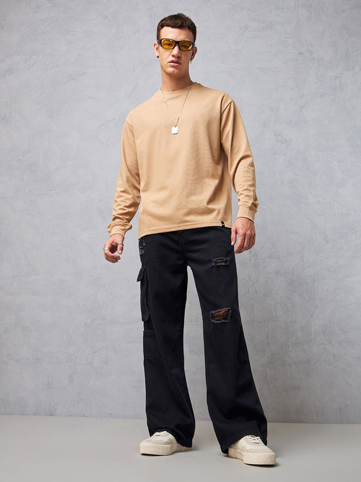 Bewakoof Men's Black Baggy Distressed Cargo Mid-Rise Jeans