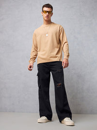 Bewakoof Men's Black Baggy Distressed Cargo Mid-Rise Jeans