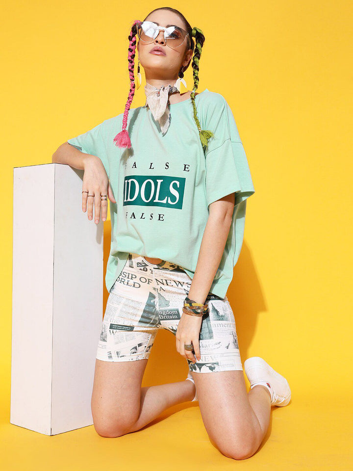 STREET 9 Women Sea Green Printed Cotton Drop-Shoulder Sleeves Bio Finish Oversized Pure Cotton T-shirt