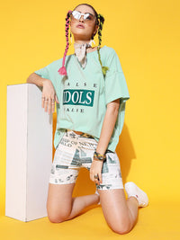 STREET 9 Women Sea Green Printed Cotton Drop-Shoulder Sleeves Bio Finish Oversized Pure Cotton T-shirt