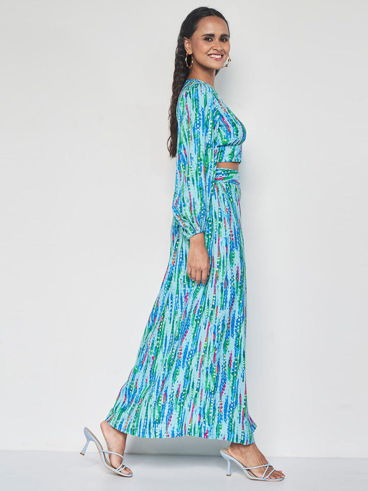 Global Desi Geometric Printed Crop Top With Maxi Skirt
