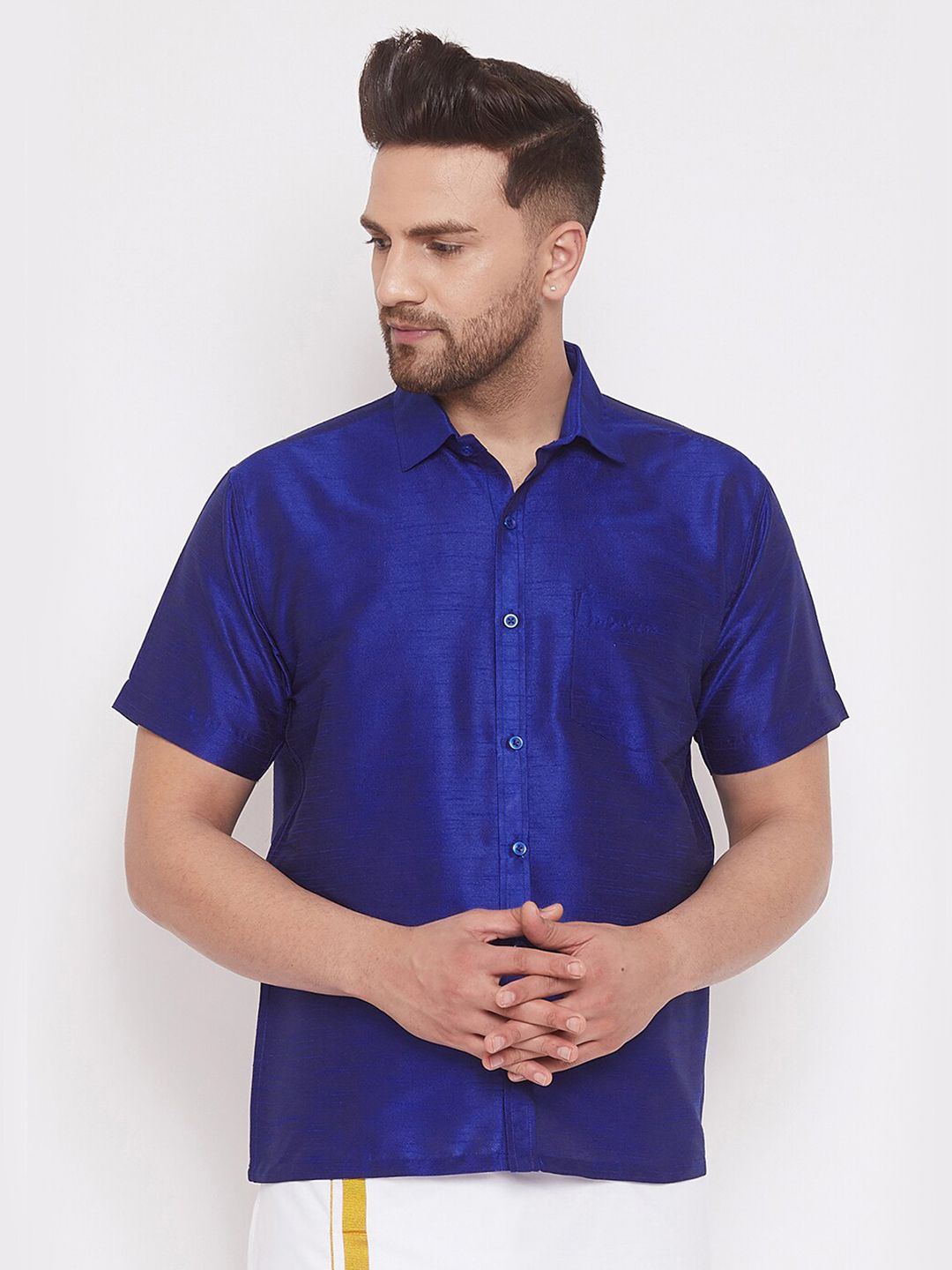 VASTRAMAY Premium Spread Collar Silk Shirt