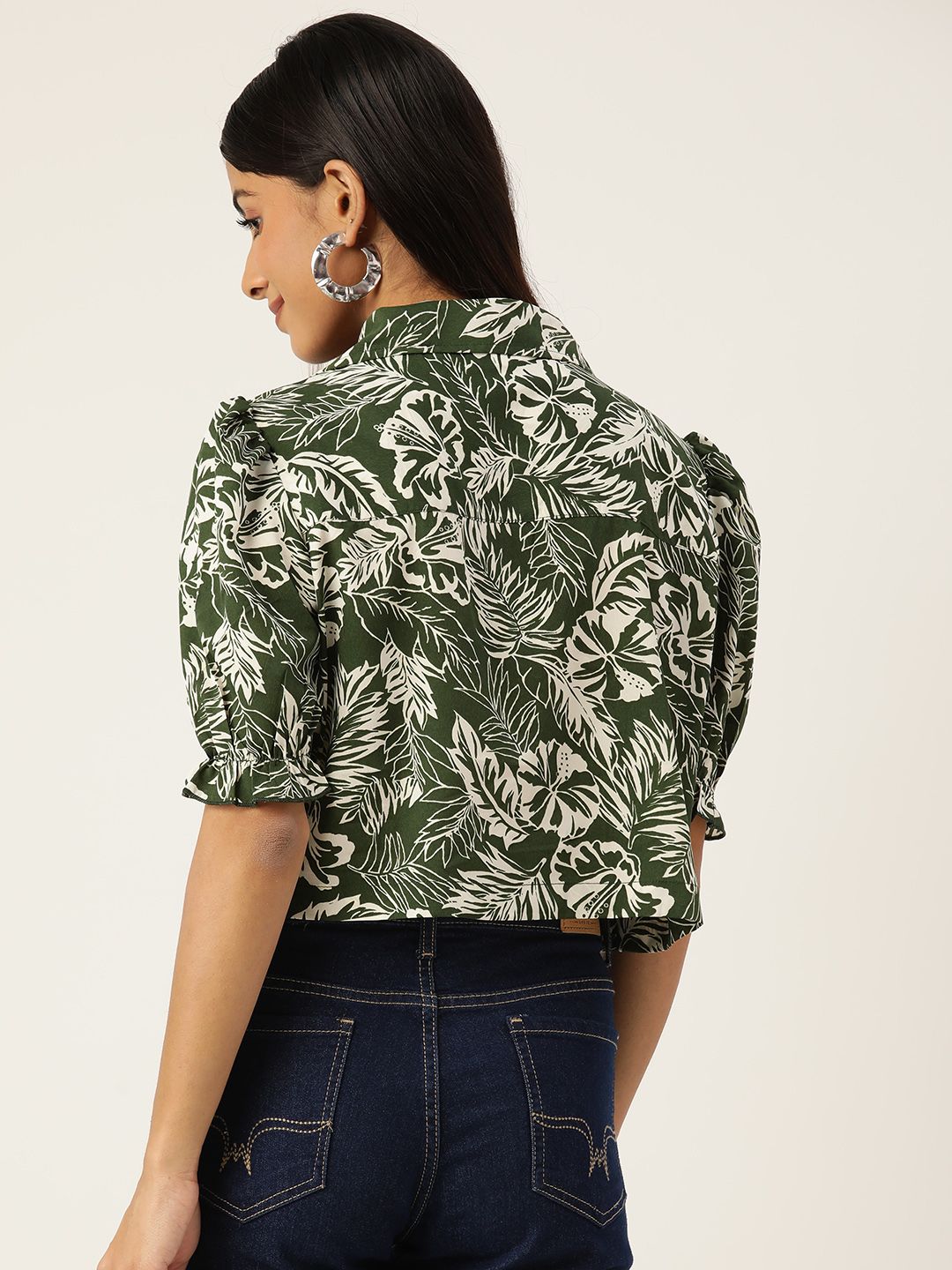 Antheaa Women Floral Lapel Copper Crop Shirt