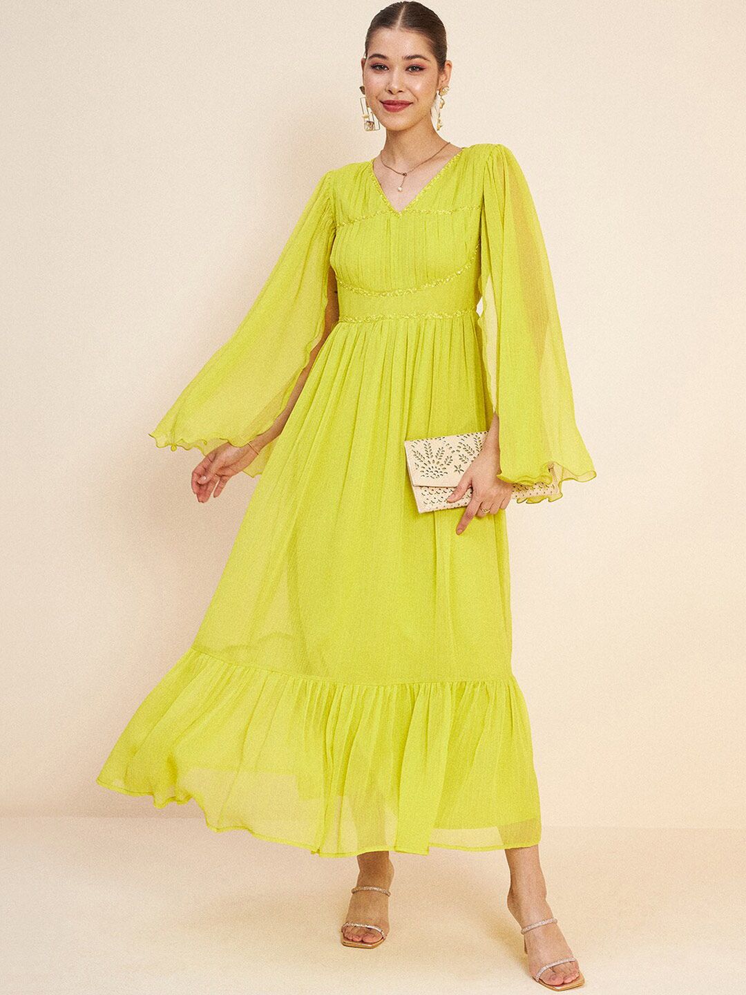 Antheaa Green V-Neck Slit Sleeves Embellished Detail Maxi Dress