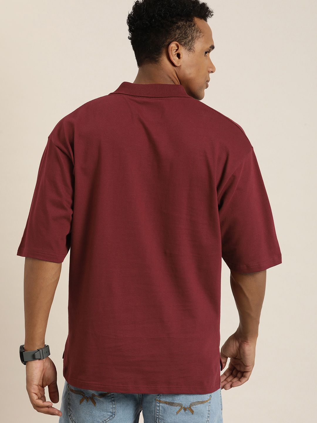 DILLINGER Men Solid Honeycomb Structure Oversized Pure Cotton Polo T-Shirt