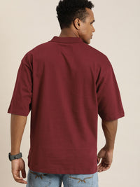 DILLINGER Men Solid Honeycomb Structure Oversized Pure Cotton Polo T-Shirt