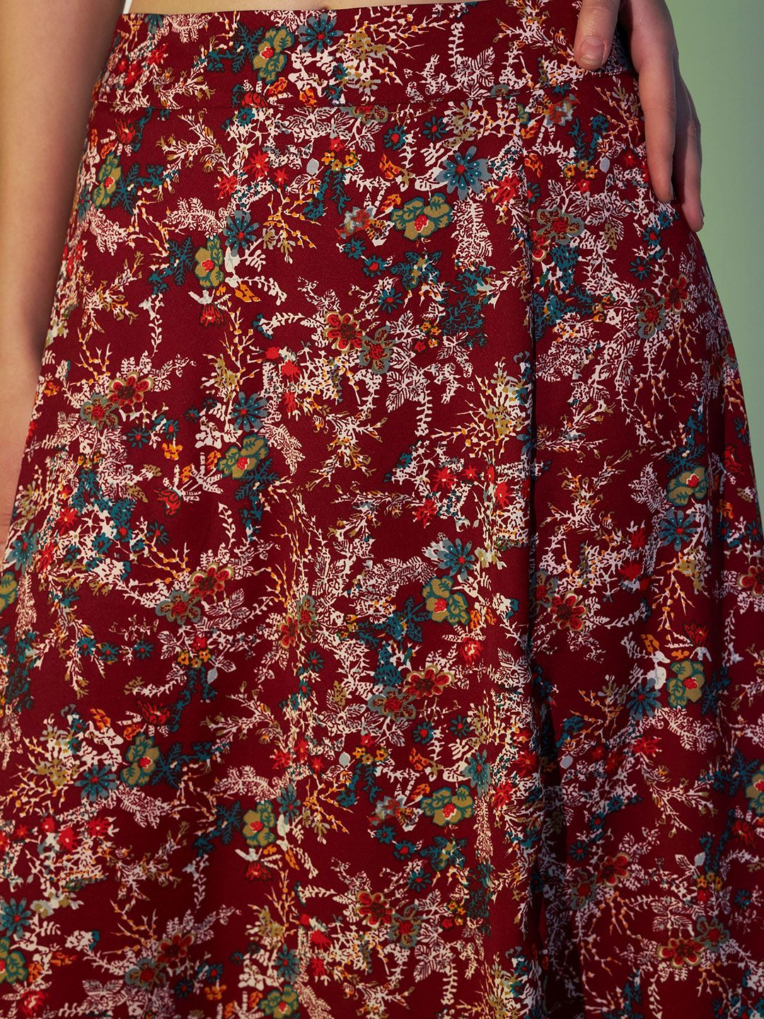 Berrylush Maroon Floral Printed High Rise A-line Maxi Skirt