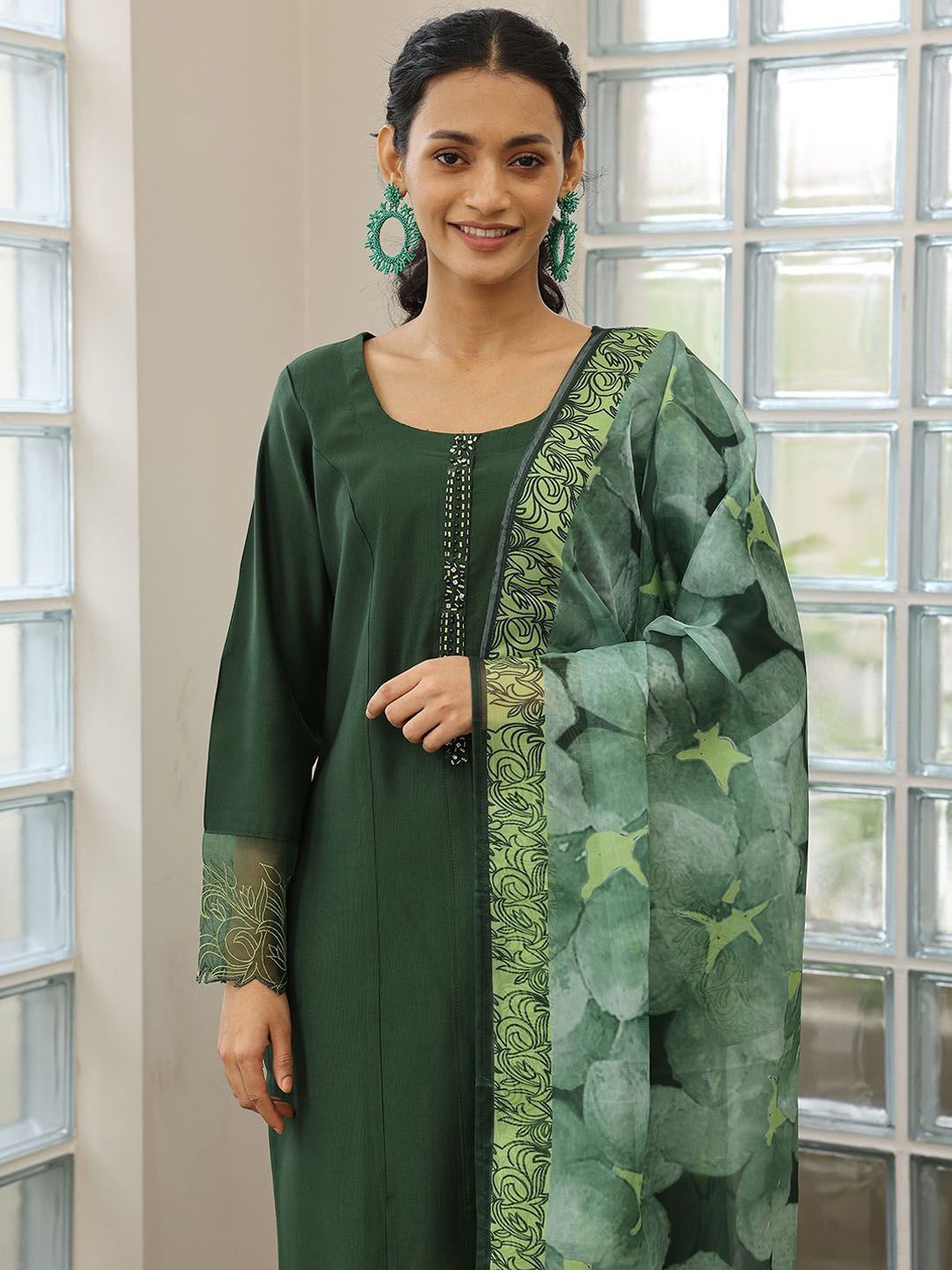 Libas Floral Yoke Design Panelled Beads and Stones Straight Kurta with Trousers & Dupatta