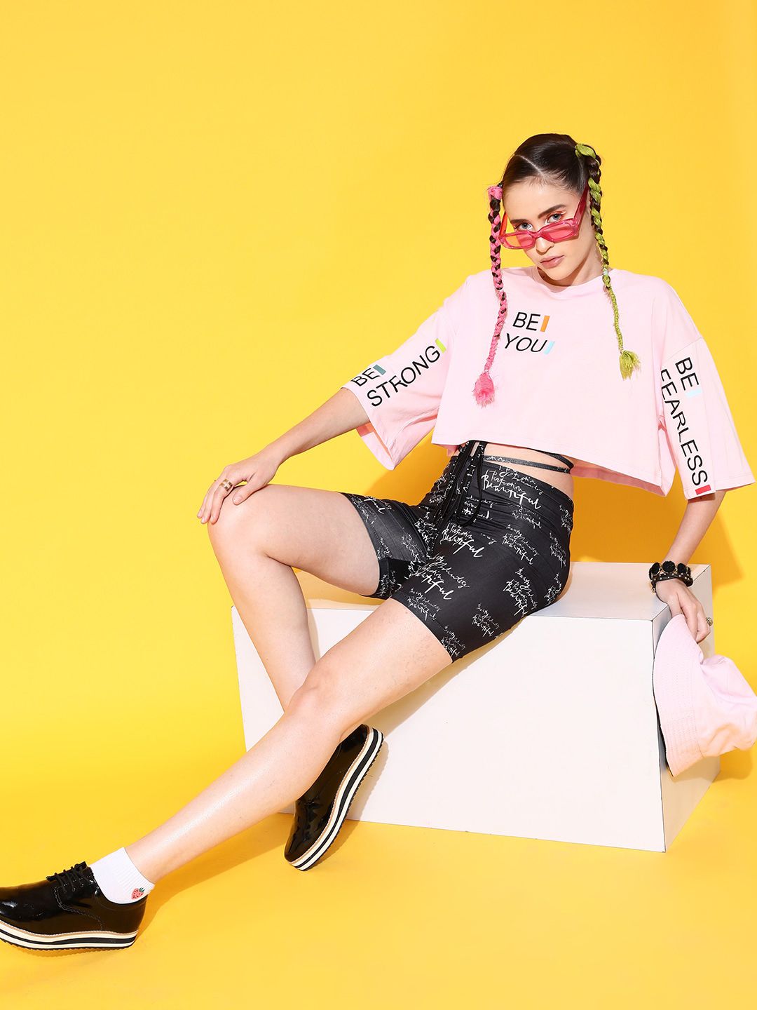 STREET 9 Women Pink Printed Cotton Drop-Shoulder Sleeves Bio Finish Boxy T-shirt