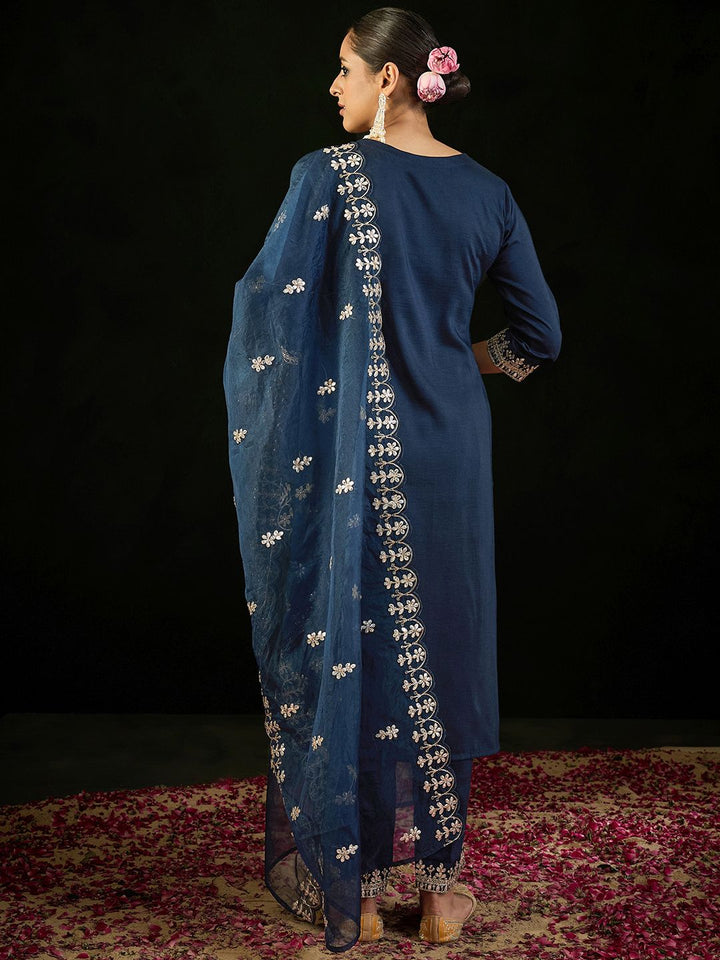 Indo Era Notched Neck Ethnic Motifs Embroidered Gotta Patti Kurta with Trouser & Dupatta