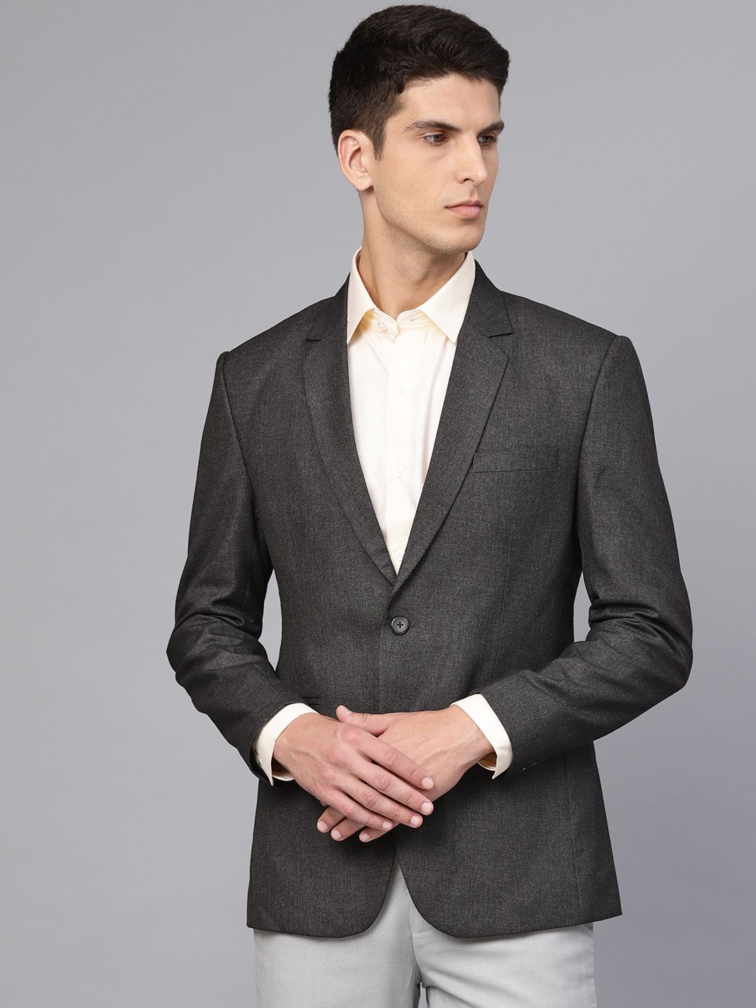 MANQ Men Charcoal Grey Slim Fit Solid Single Breasted Formal Blazer
