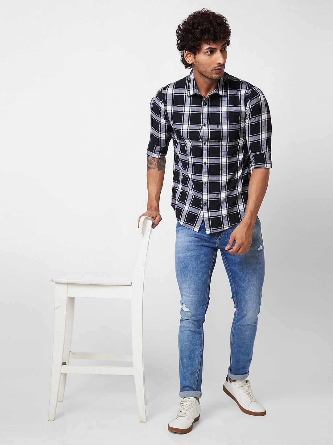 SPYKAR Baju Kasual Kapas Kolar Bersemak Tartan