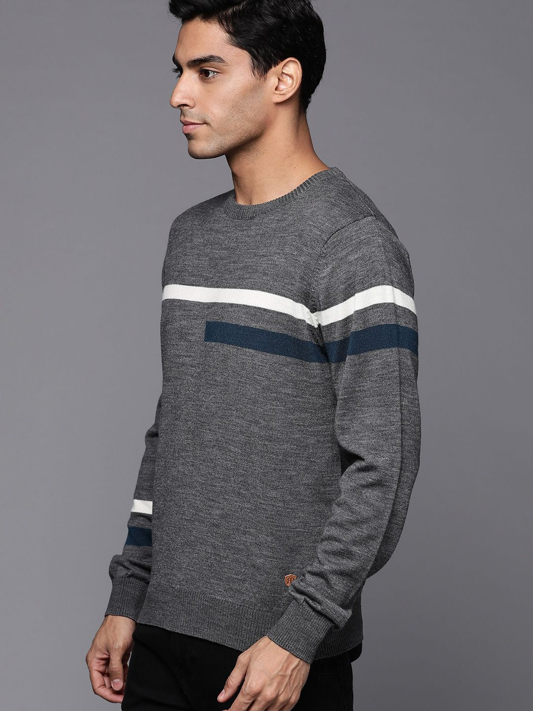 Raymond Men Charcoal Grey & White Striped Striped Pullover