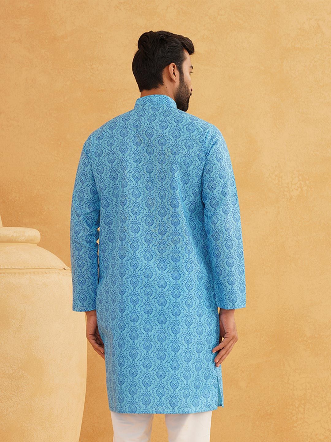 SOJANYA Men Blue & White Ethnic Motifs Cotton Linen Printed Kurta
