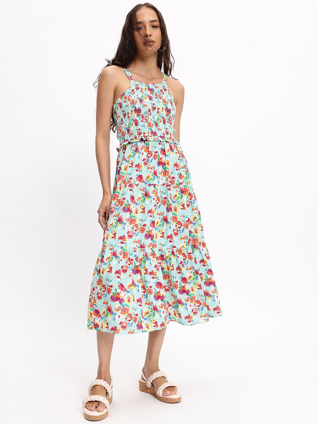 DressBerry Floral Fantasy Tiered Strappy Smocked Midi Dress
