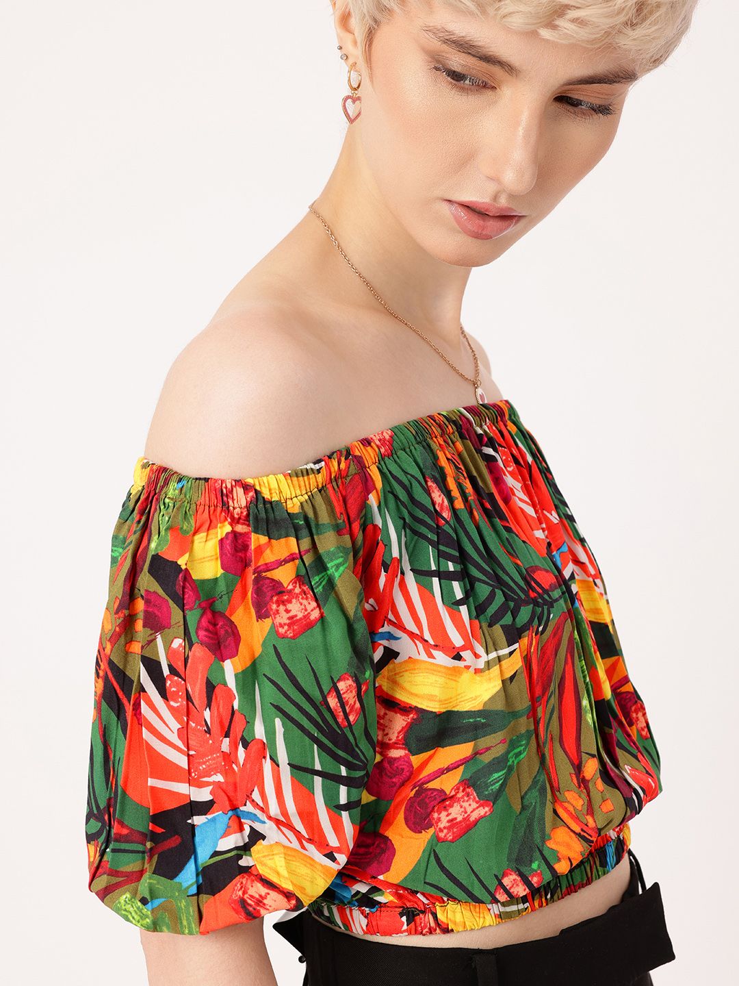 DressBerry Aloha Paradise Tropical Bardot Crop Top