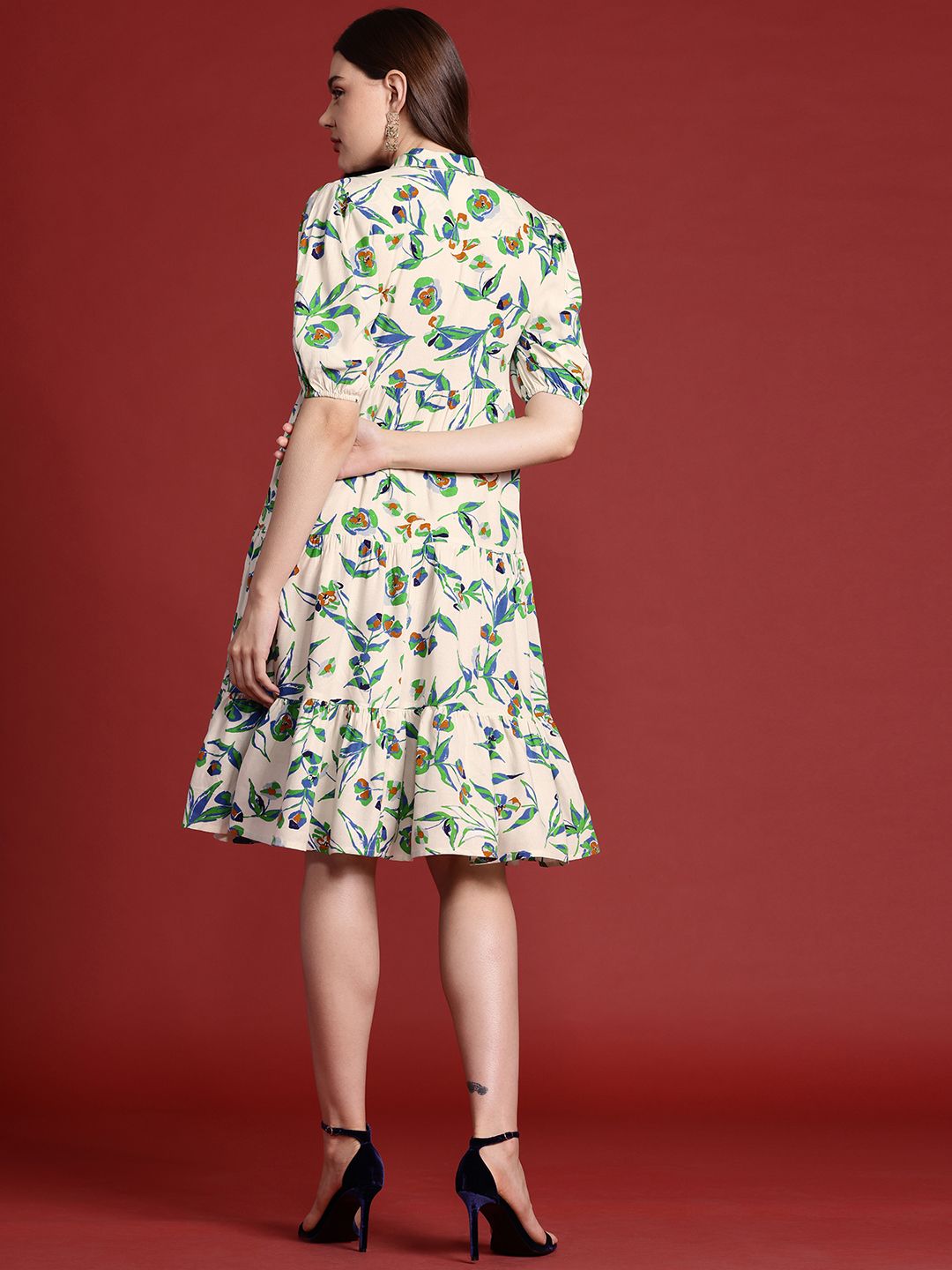 all about you Floral Print Tiered Midi Shirt Dress