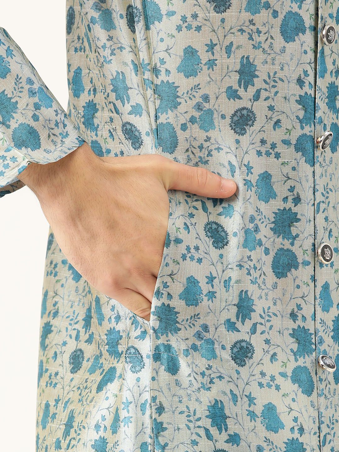 SOJANYA Lelaki Grey & Blue Floral Print Angrakha Straight Kurta