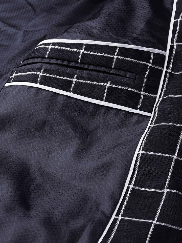 MANQ Men Navy Blue & White Checked Slim Fit Single Breasted Party Blazer