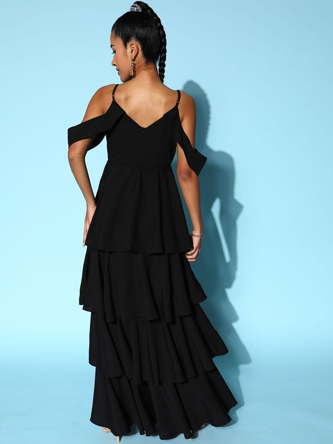 Berrylush Black Crepe Cold-Shoulder Sleeves Tiered Maxi Dress