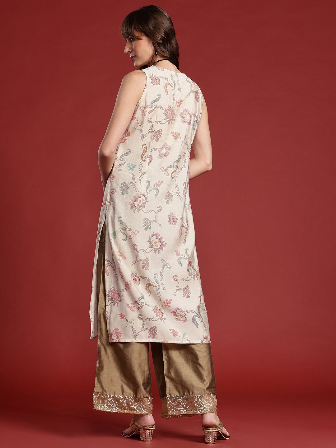 Anouk Floral Printed V-Neck Straight Kurta