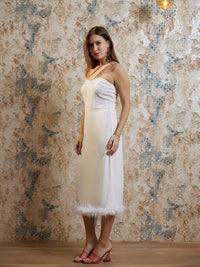 Athena White Fringed Detailed Strapless Scuba Bodycon Midi Dress