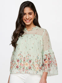 AND Women Sea Green & Maroon Floral Printed V-Neck Top