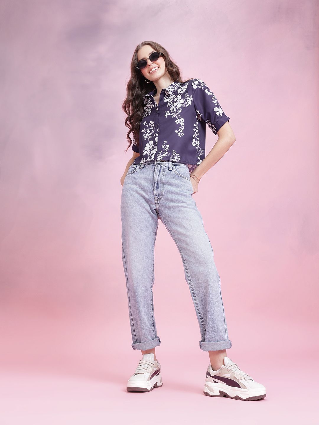 DressBerry Floral Print Puff Sleeves Shirt Style Top