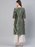 W Women Green & Golden Zari Woven Design Straight Kurta