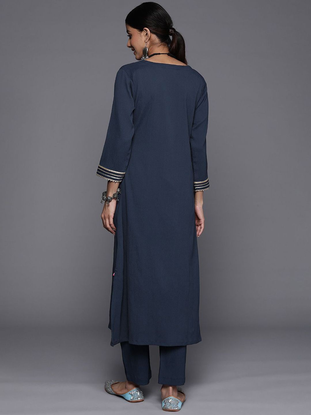 Varanga Navy Blue Notch Neck Gotta Patti A-Line Kurta