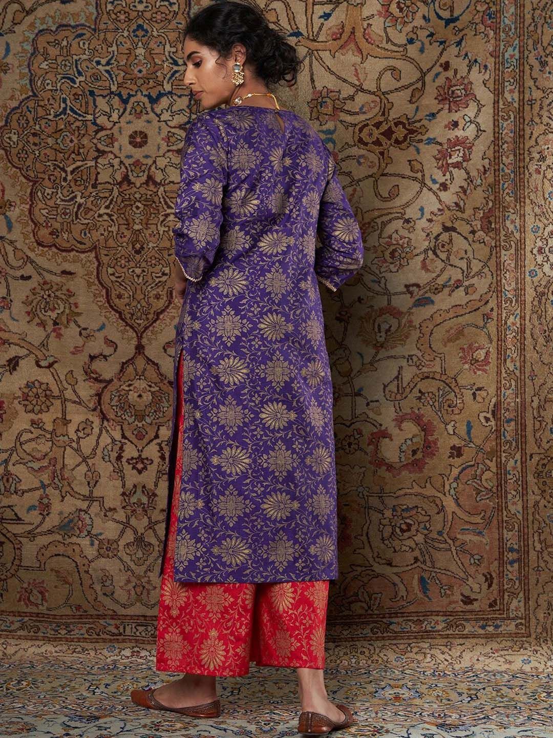 Shae by SASSAFRAS Floral Printed Zari Jacquard Straight Kurta