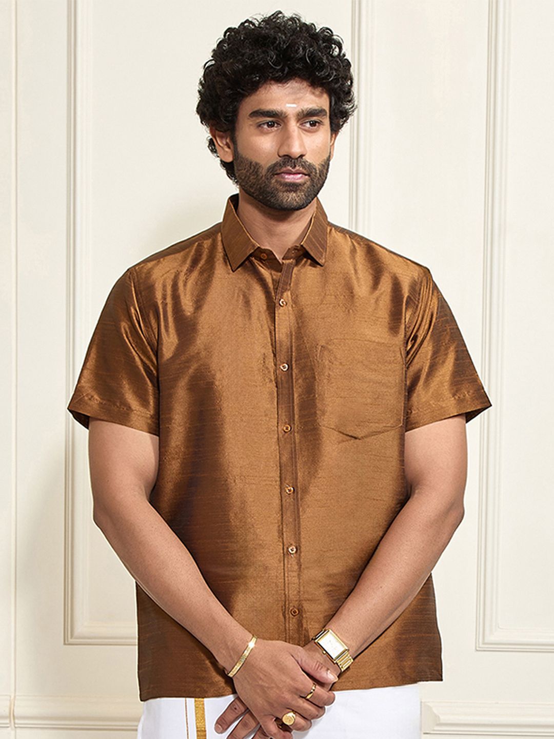 VASTRAMAY Premium Spread Collar Silk Shirt