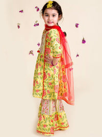 pspeaches Girls Yellow Floral Printed Pleated Pure Cotton Kurta with Sharara & With Dupatta