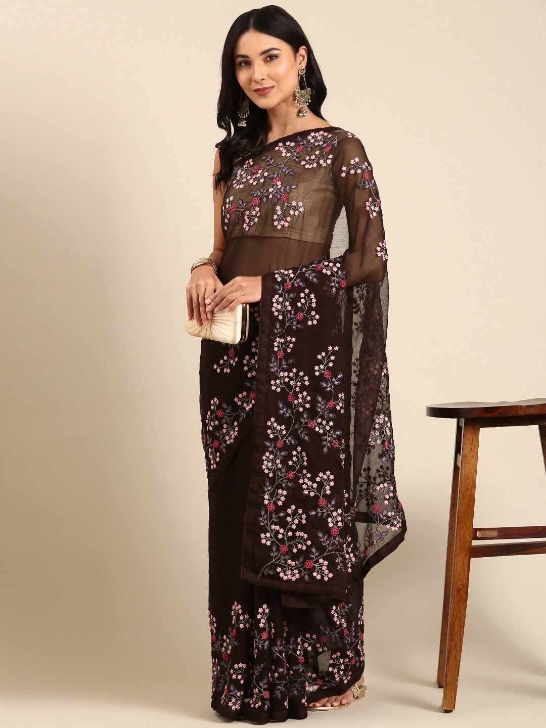 KALINI Floral Embroidered Pure Chiffon Saree