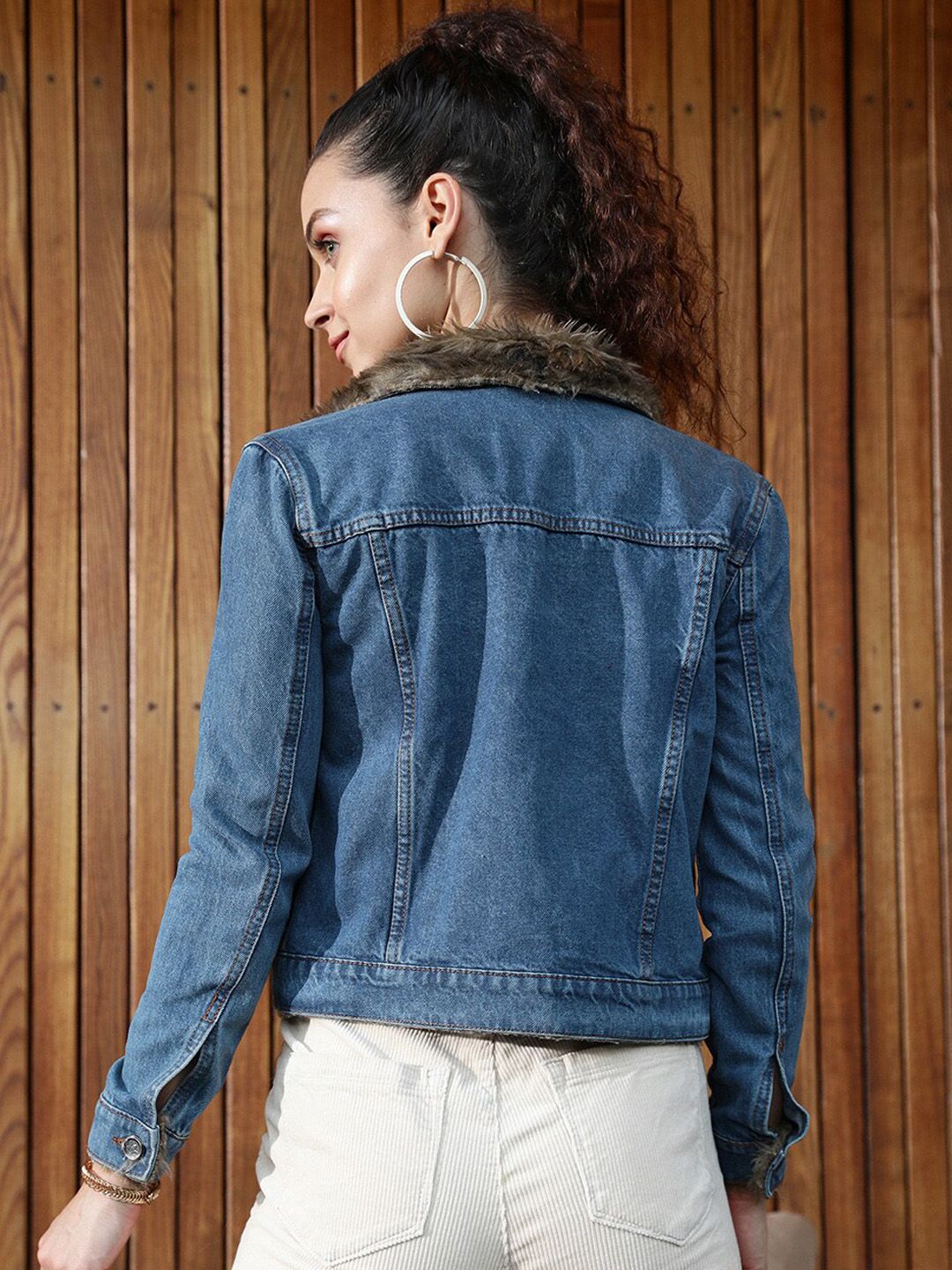 STREET 9 Women Blue Brown Cotton Denim Jacket