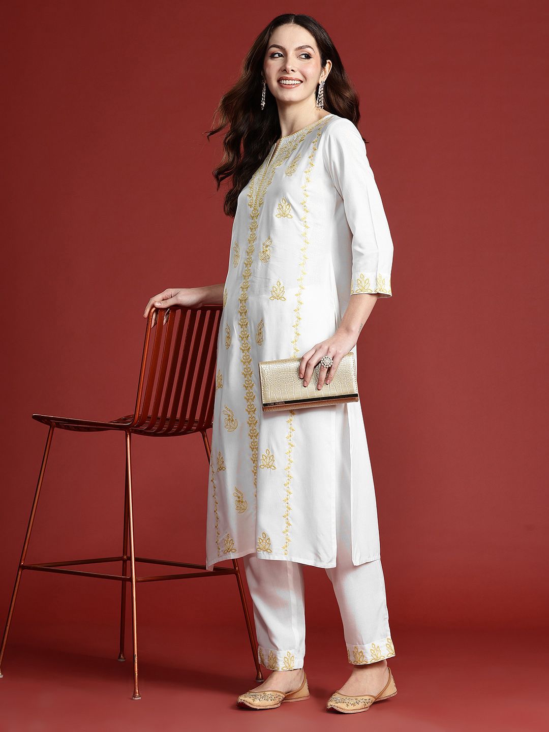 Indo Era Women Floral Embroidered Thread Work Kurta with Trousers