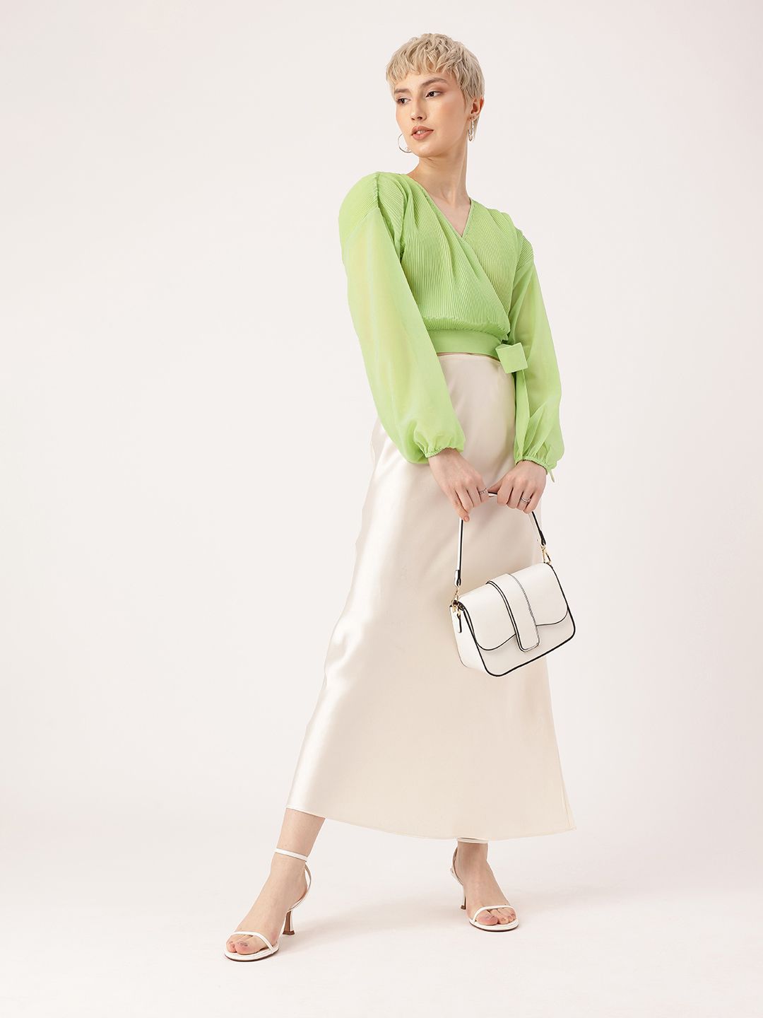 DressBerry Feminine Glam Accordion Pleats Drop Shoulder Wrap Top