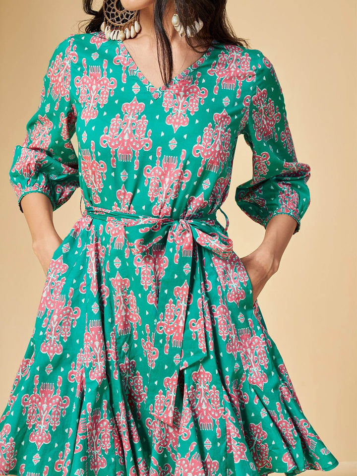Global Desi Ethnic Motifs Printed Cuffed Sleeves Gathered Cotton Fit & Flare Dress