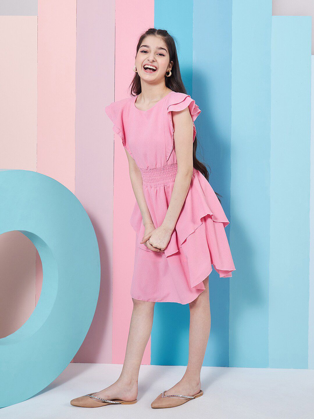 pspeaches Girls Flutter Sleeve Layered Crepe Fit & Flare Dress