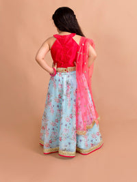 Ps Peaches Girls Red & Blue Floral Lehenga Choli Set
