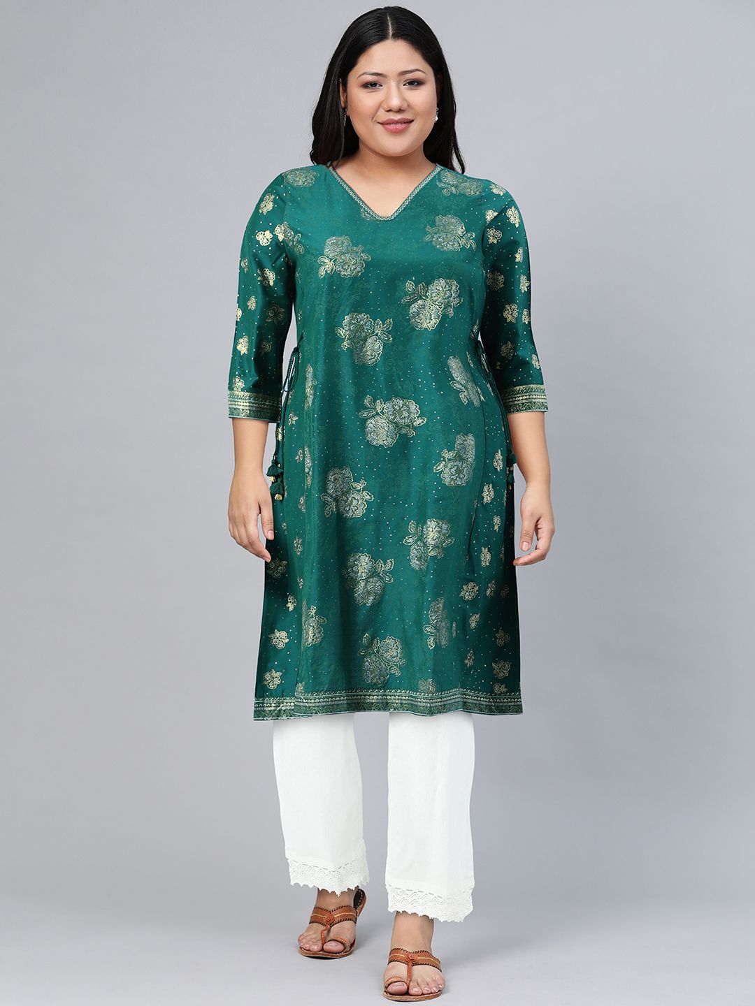 Global Desi V-Neck Floral Printed Anarkali Kurta