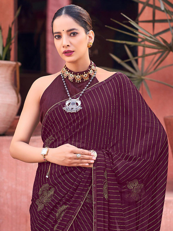 Saree mall Striped Embellished Beads and Stones Poly Georgette Saree