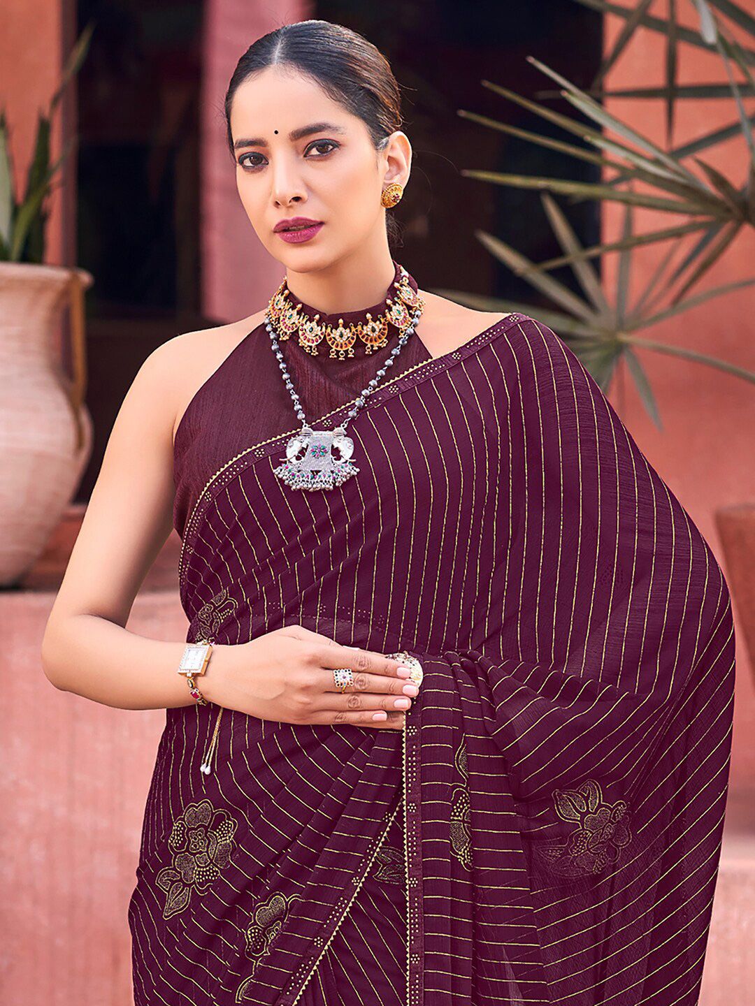 Saree mall Striped Embellished Beads and Stones Poly Georgette Saree