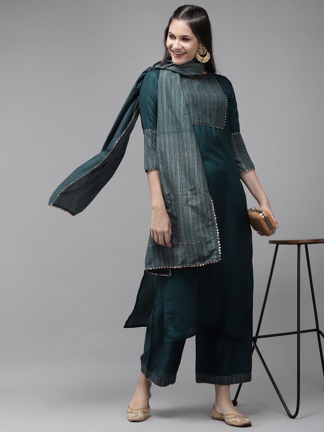 Indo Era Women Teal Green & Golden Yoke Design Kurta with Palazzos & With Dupatta