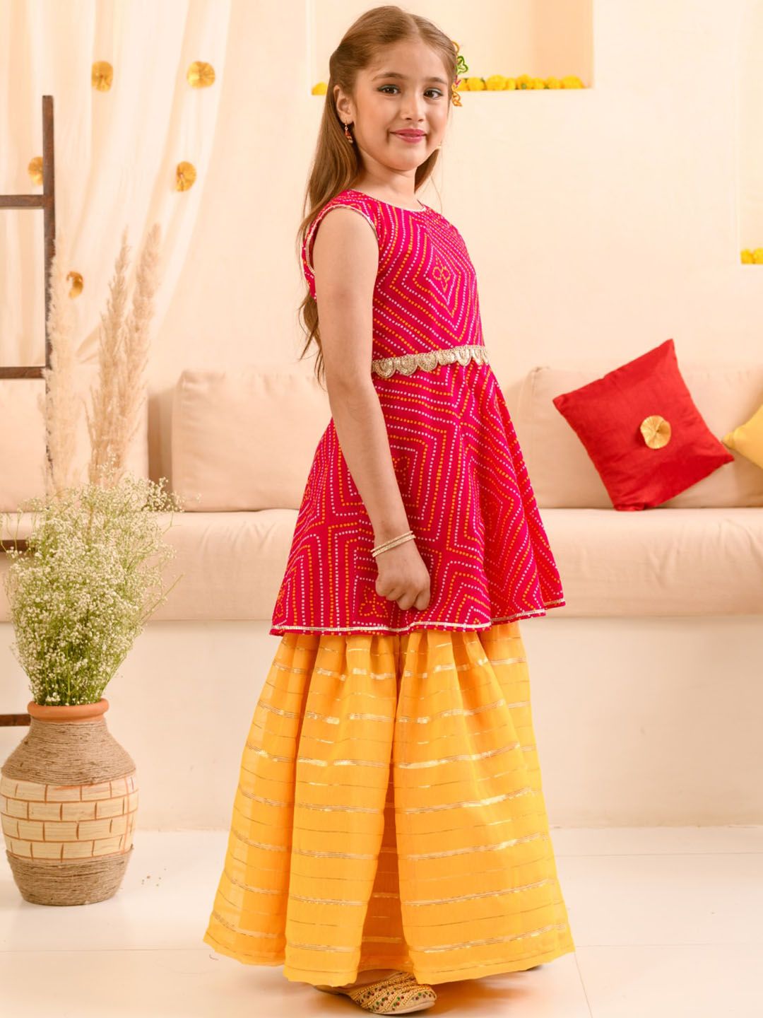pspeaches Girls Bandhani Printed Kurta & Striped Skirt with Ethnic Belt